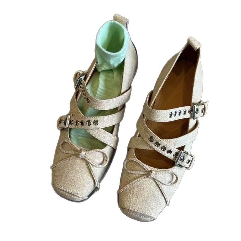 Retro Women's Shoes 2026 Spring Autumn Cross Tied Buckle French Bow Low Help Flat Shoes Non Slip Square Toe Mary Jane Shoes