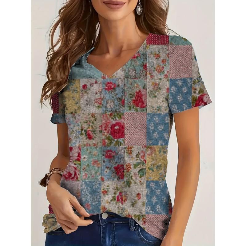 Womens V-Neck Loose Fit Short Sleeve T-Shirt With Floral Print Casual Top