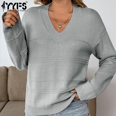 Maglioni a maniche lunghe con scollo a V, stampati in tinta unita, casual, autunno inverno, da donna