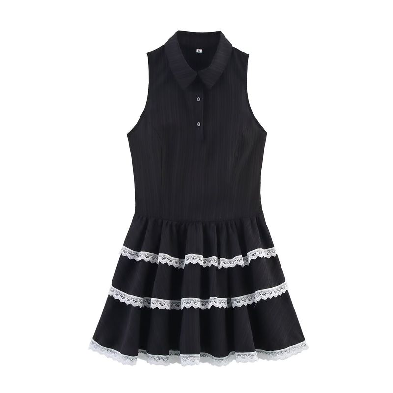 

Kaslead New Arrival Women s Clothing Fashion Style Fashion Simple Lapel Sleeveless Laminated Patchwork Dress Black L