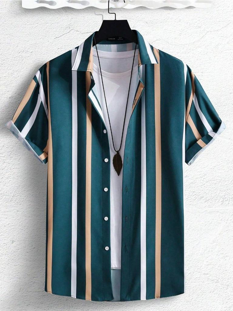 Colorful Striped Pattern Print Men Shirts Design Short Sleeve Shirts Fashion Button Short Sleeve Tops