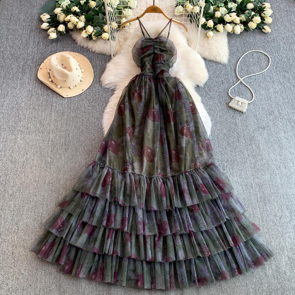 French romantic printing hollow backless suspender dress women's spring and summer mesh yarn waist thin lotus leaf edge fairy dress