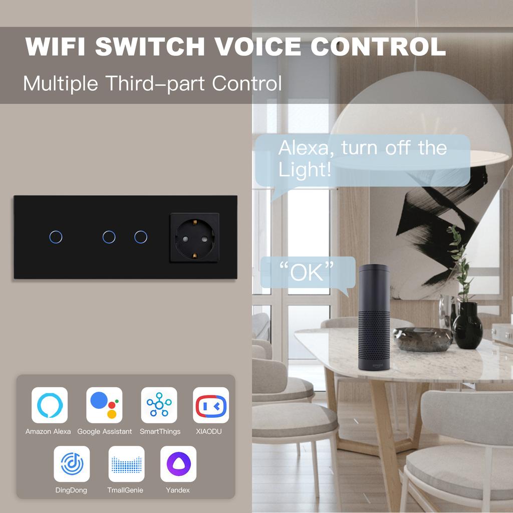 BSEED  Wifi Double 1/2/3Gang Touch Switches Smart Life Alexa Control Plus Normal Wall Power Socket EU Standard Glass Panel 228mm