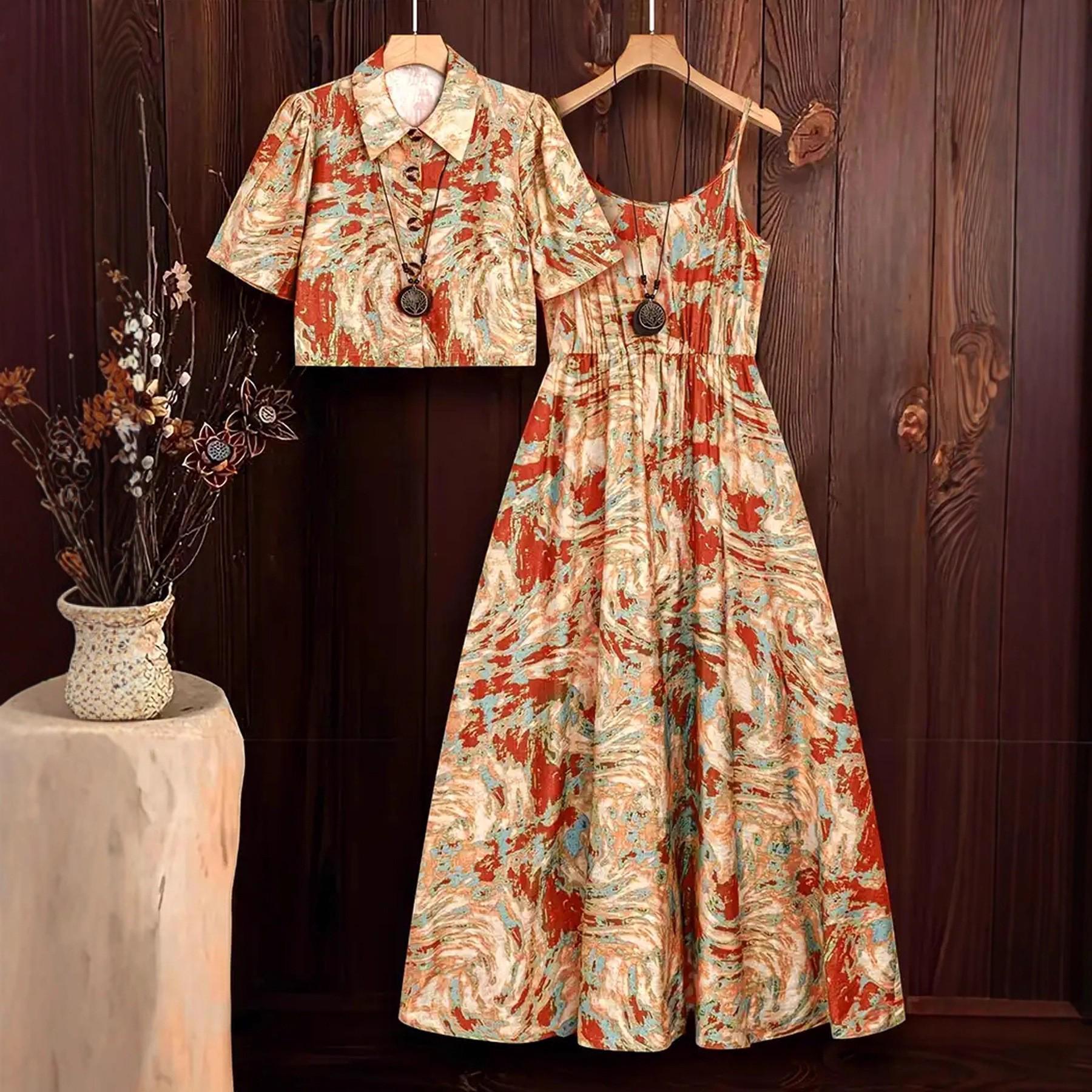 Women s Summer Plus Size Elegant Two-Piece Set: Printed Camisole Top & Skirt 4XL