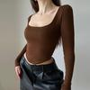 Crop top pentru femei, cu gât pătrat, mâneci lungi, tricou scurt tricotat, culoare pură, pulover elastic, bluză de petrecere în club