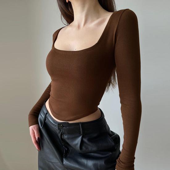 Crop top pentru femei, cu gât pătrat, mâneci lungi, tricou scurt tricotat, culoare pură, pulover elastic, bluză de petrecere în club