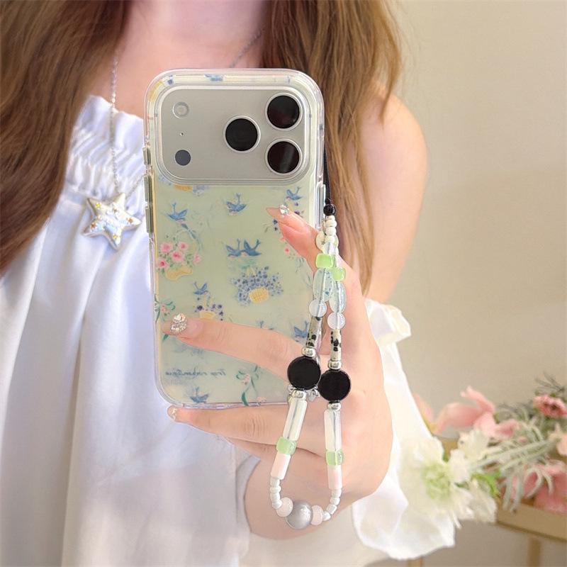 French Retro Floral Bird Chain iPhone Case for 17/16 Pro Max/15/14 - Elegant Design