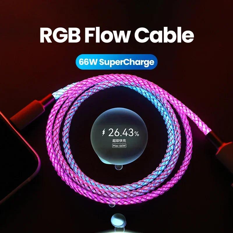 100W Fast Charging RGB Cable  Breathing Light 66W Type C USB C Data Cable For Samsung  Macbook 30W Quick Charge For Xiaomi