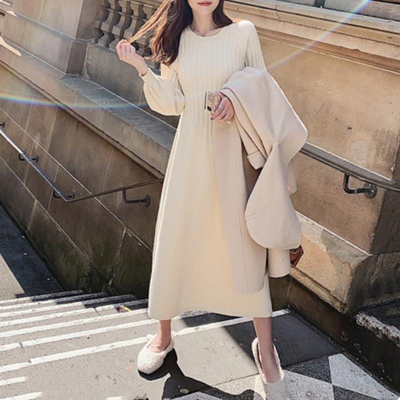 Retro with Coat, Knitted Sweater Skirt Inside, Autumn and Winter New Temperament Knee-length Dress Women's Base Dress