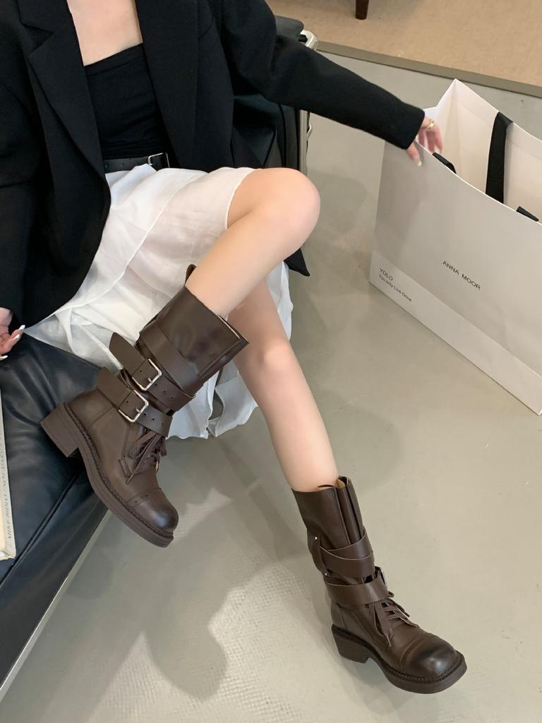 2025 autumn and winter new dark wind belt buckle locomotive boxing boots women's thick-soled retro wind tube knight boots women