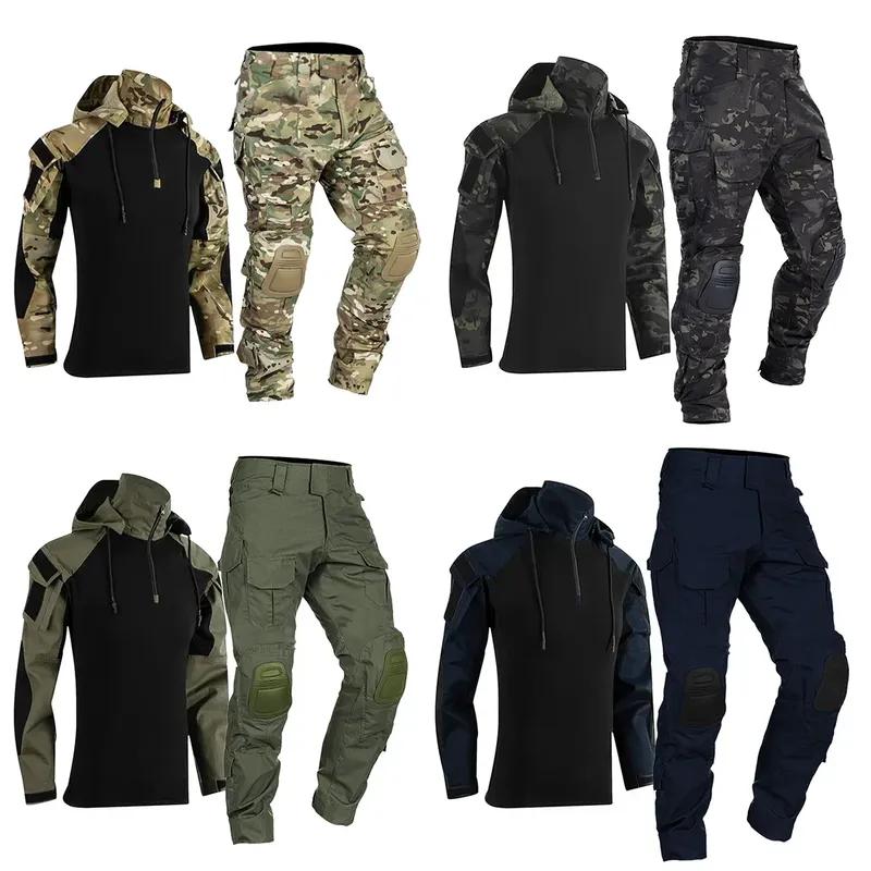 Paintball Tactical Suits Work Wear Uniform Multi Pockets Combat Camo Shirts Hooded Cargo Pants Knee Pads Hunting Clothes