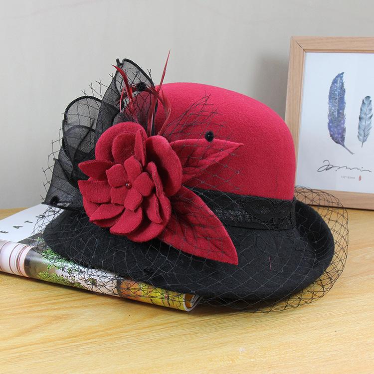 Woolen Hat Women'S Autumn And Winter British Retro Versatile Basin Hat Hepburn Mesh Flower Crimped Top Hat