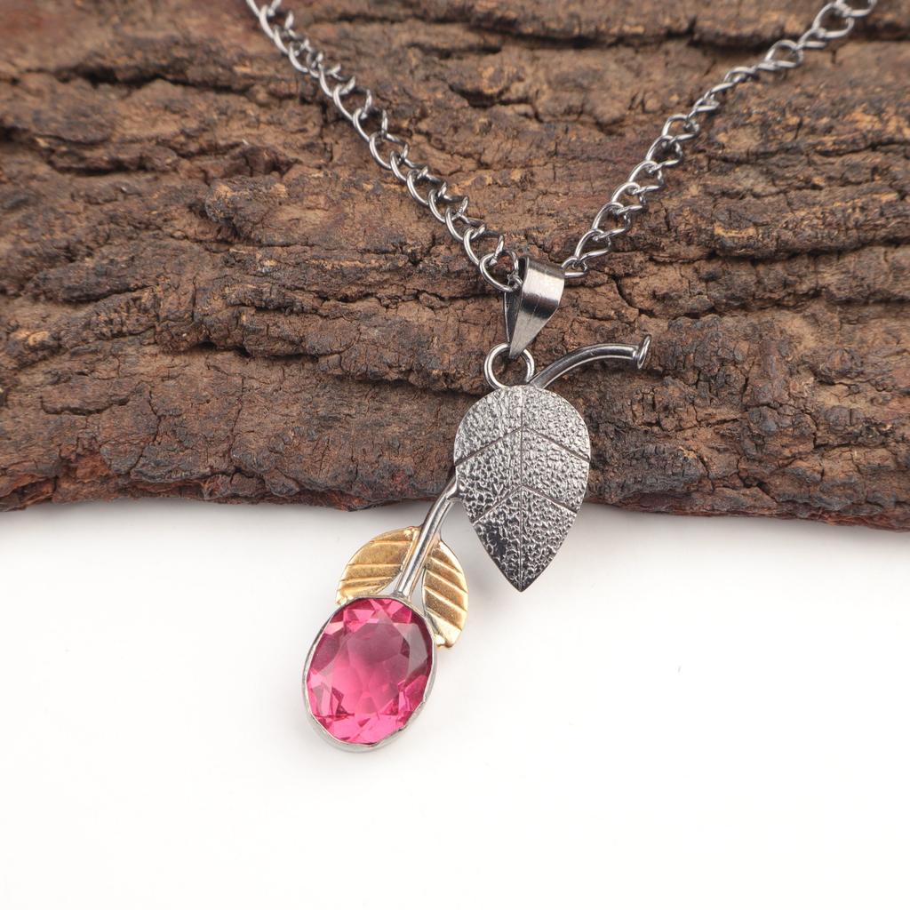 Pink Tourmaline Stone 925 Sterling Silver Anniversary Gift Ethnic Boho Pendant PP-55-2