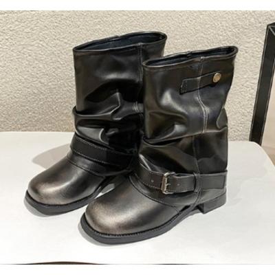 New Western Cowboy Boots Women Round Toe Metal Belt Buckle Pleated Stack Vintage Block Heel Shortho Boots Zapatos Mujer