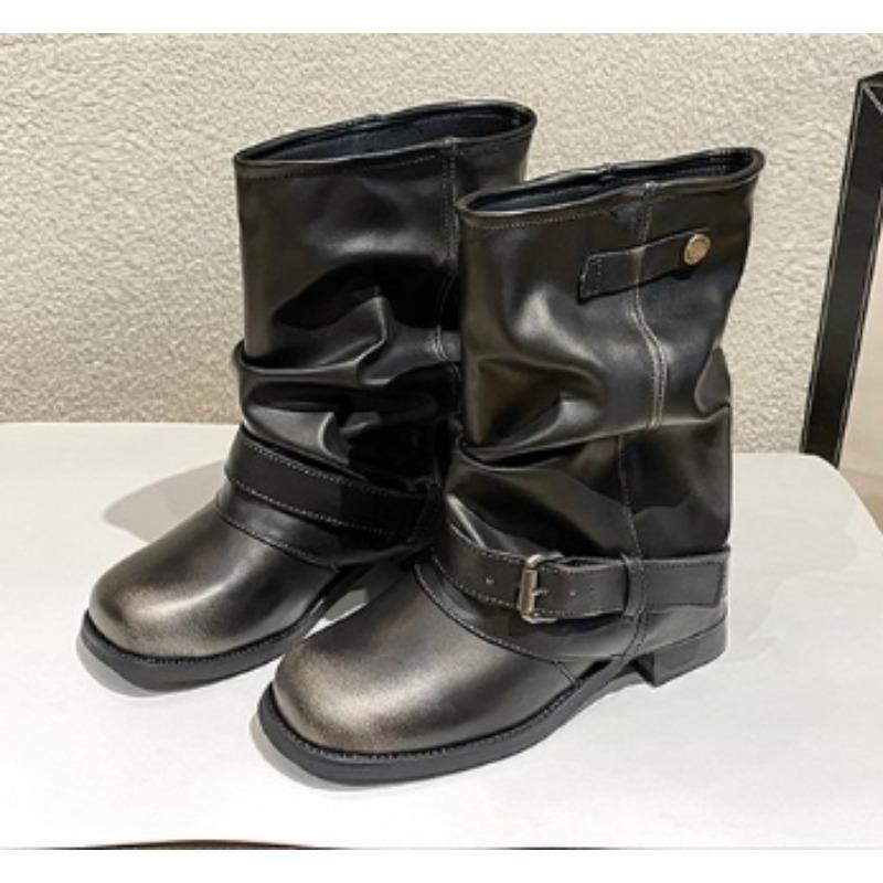 Fashion New Fashion Western Cowboy Boots Women Round Toe Metal Belt Buckle Pleated Stack Vintage Block Heel Shortho Boots Zapatos Mujer