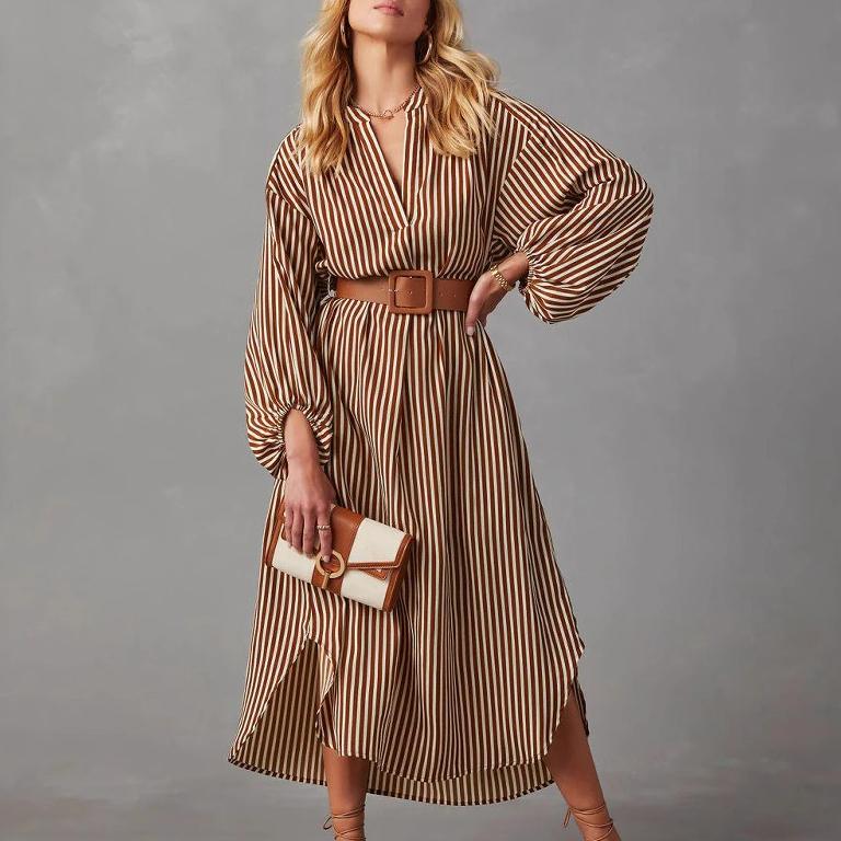 2025 Spring Autumn Elegant Stripe Women's Long Dresses With Belt Long Sleeve V-neck Casual Oversized Irregular Dress Female Robe
