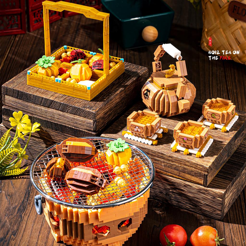 Cozinhar chá ao redor do fogão Blocos de construção montados com micropartículas Ornamentos chineses Brinquedos educativos para crianças