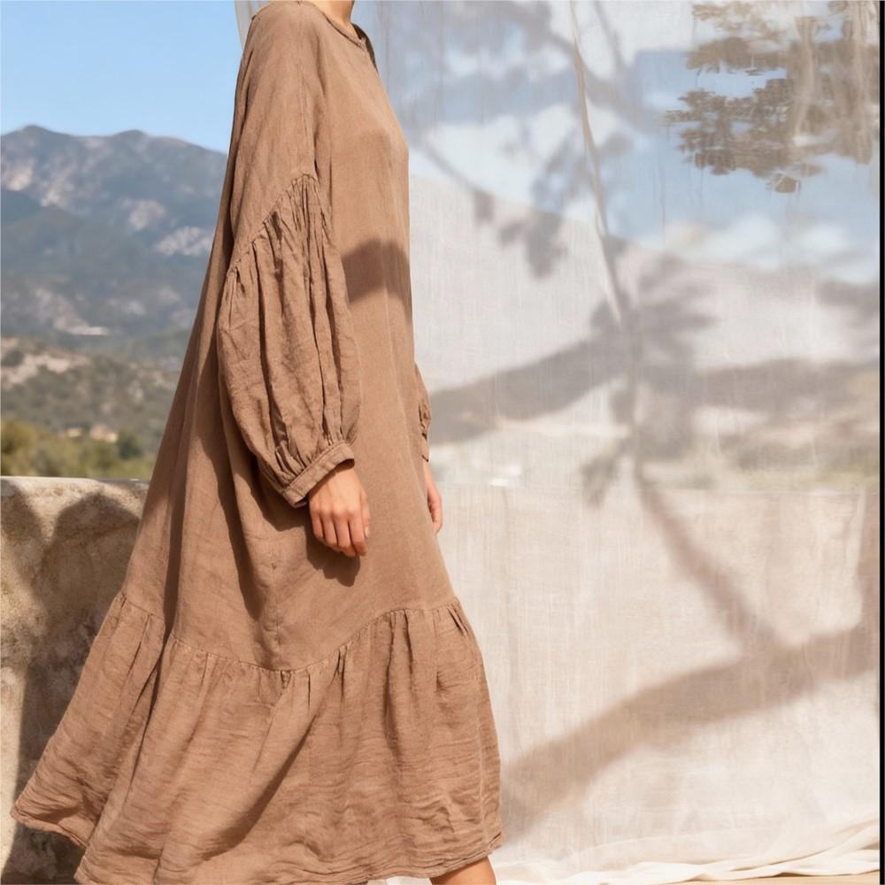 Johnature Women Vintage Dress Spring Chinese Style Solid Color O-Neck Long Sleeve Patchwork Dresses
