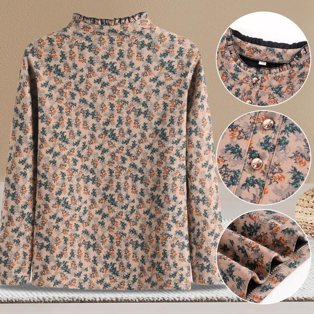 Printed Plus Velvet Bottoming Shirt Top Floral Long-sleeved Women's Stand-up Collar Warm T-shirt
