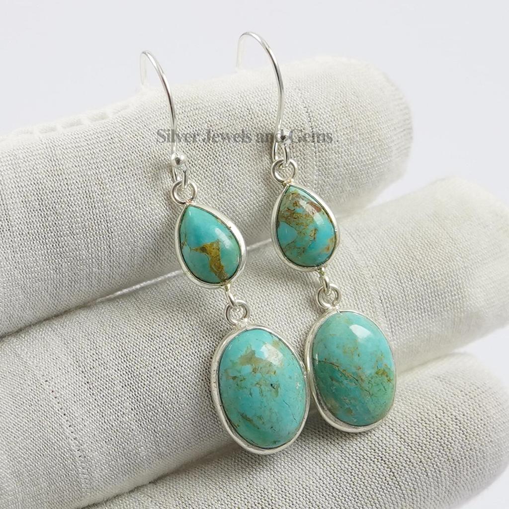 Natural Arizona Turquoise Earring, Hanging 2 Stone Bezel Earring, 925 Sterling Silver Earrings, Wedding Gift, Handmade Long Earrings
