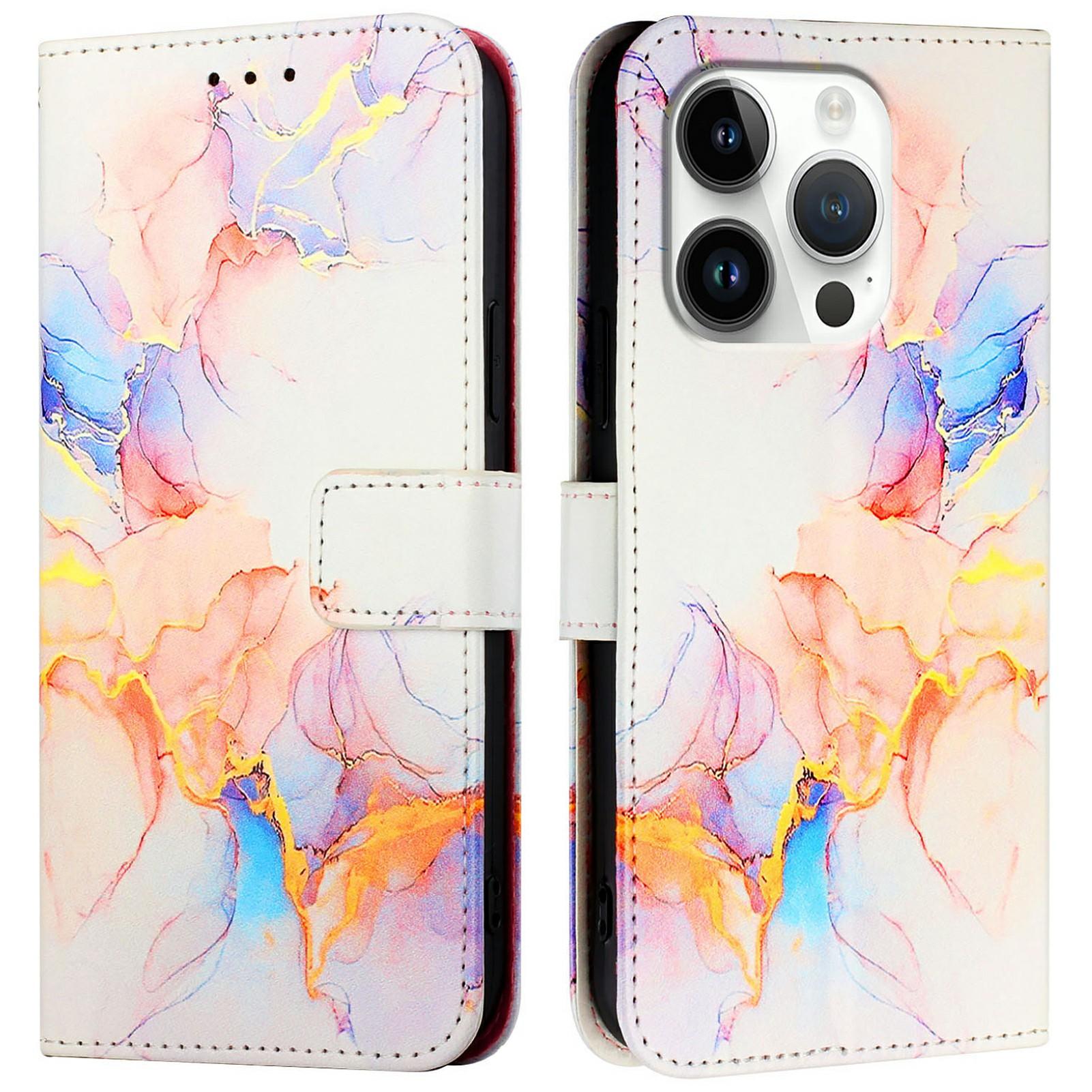 For iPhone 16 Pro Max Leather Case with Shoulder Strap Marble Pattern Phone Stand Cover C