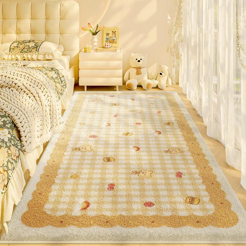 Plaid Cartoon Bedroom Bedside Carpet Light Luxury High End New Cute Carpets Girl Bedroom Children Room Thick Plush Soft Rug 