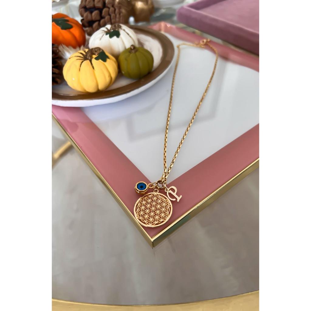 Personalizovaný náhrdelník Květ života s písmenem P a přívěskem Zlé oko