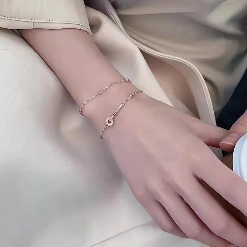 Women's Cold Style Double Layer Bracelet with Bean Beads & Diamond Ring – Light Luxury for Best Friends