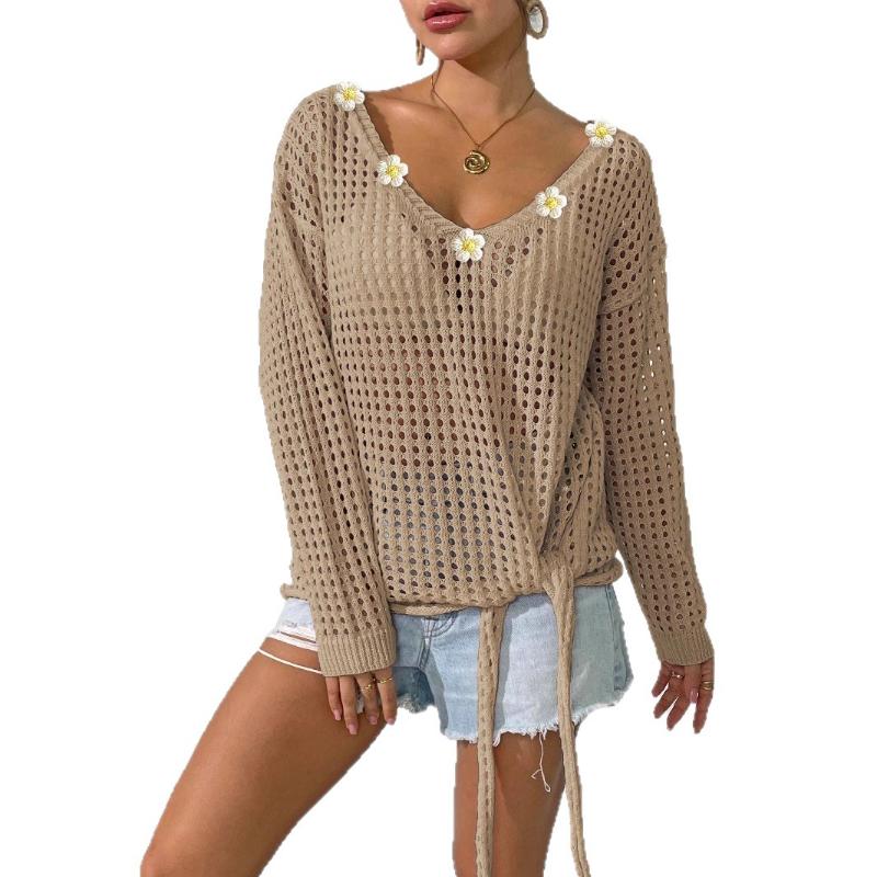 Women's V-neck Pullover Top Hollow Blouse Strappy Bow Outer Hand-crocheted Patchwork Loose Sweater