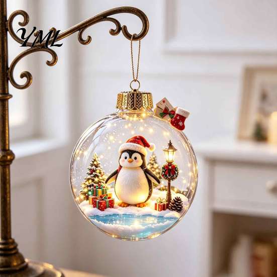 Warm Light Christmas Scenes 3D Animal Faux Crystal Ball Ornament, Lighted Acrylic Hanging Decor Indoor Party Accents with Hedgehog Penguin Panda, LED