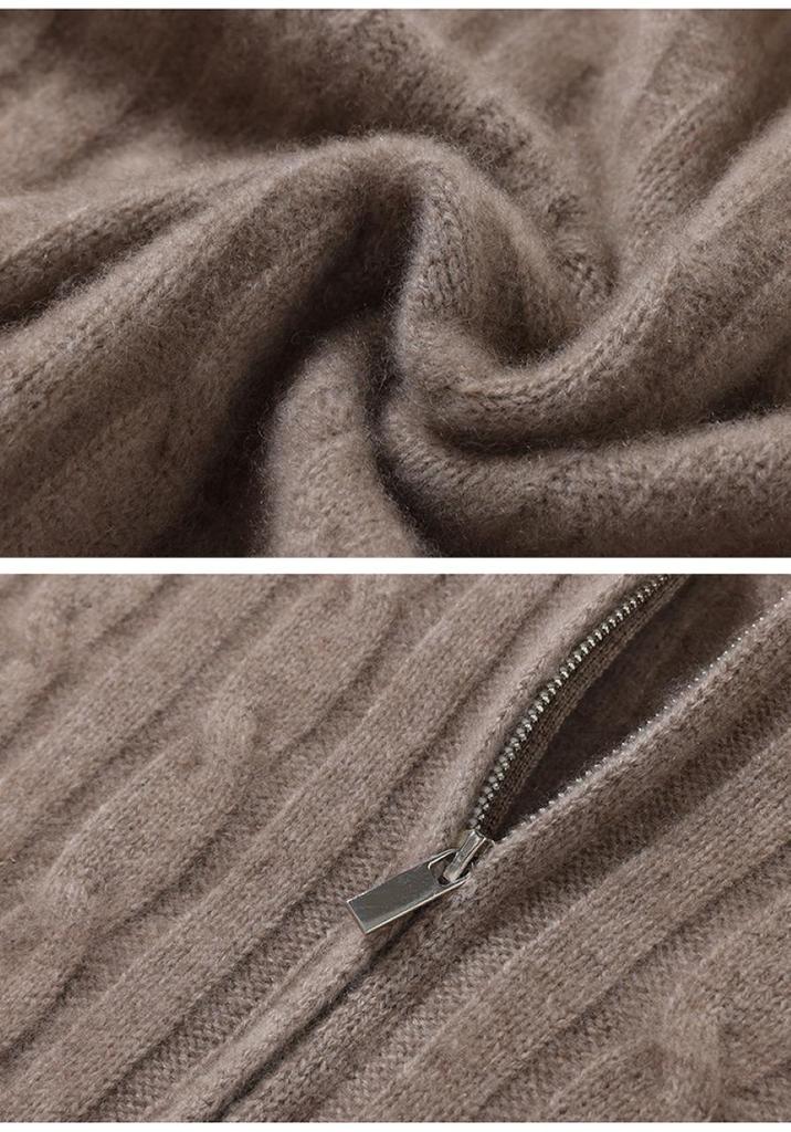 Luxury Double Zipper Heavy Duty Cable Knit Cashmere Cardigan for Women - High Neck, Loose Fit, Slimming, Thick Sweater Coat