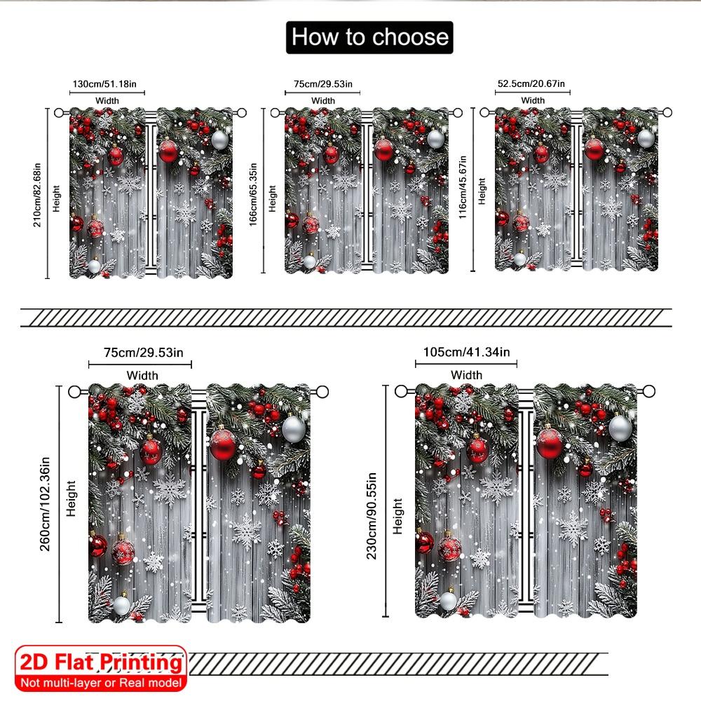 2D Flat Printing 2pcs Christmas Window Curtains With Snowflakes_ Red Balls and Green Plants Durable 100% Polyester Fabric
