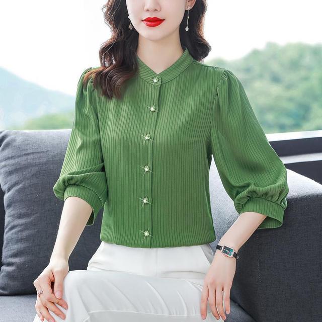 New Women's White Shirt Spring Autumn 3/4 Sleeve Striped Top Summer Loose Reducing Age Puff Sleeve Bottoming Blouse S-4XL