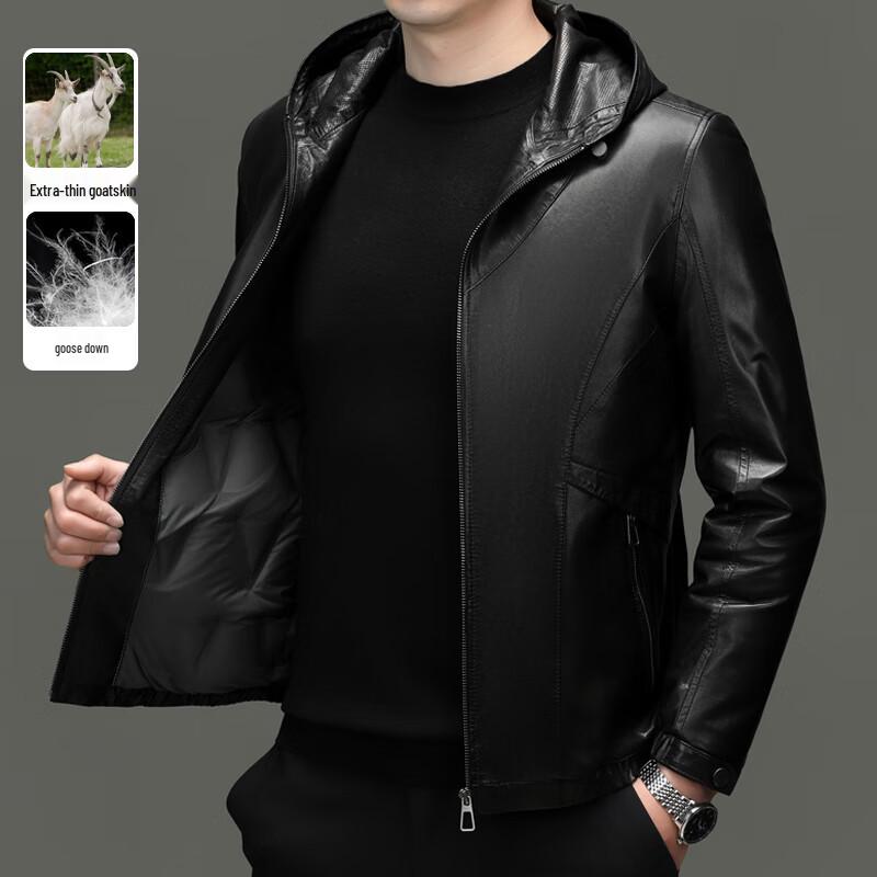 Yiliteng Men's Hooded Genuine Leather Down Jacket