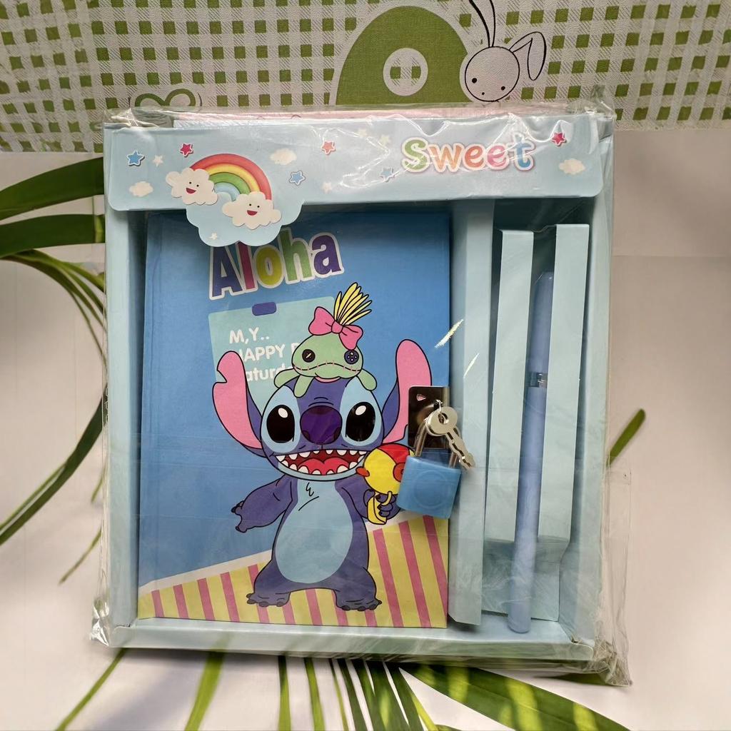 MINISO Cartoon Characters Set with Lock Cute Anime Lilo& Stitch Notebook Combination Hollow Out Hard Box Lock Book Gifts