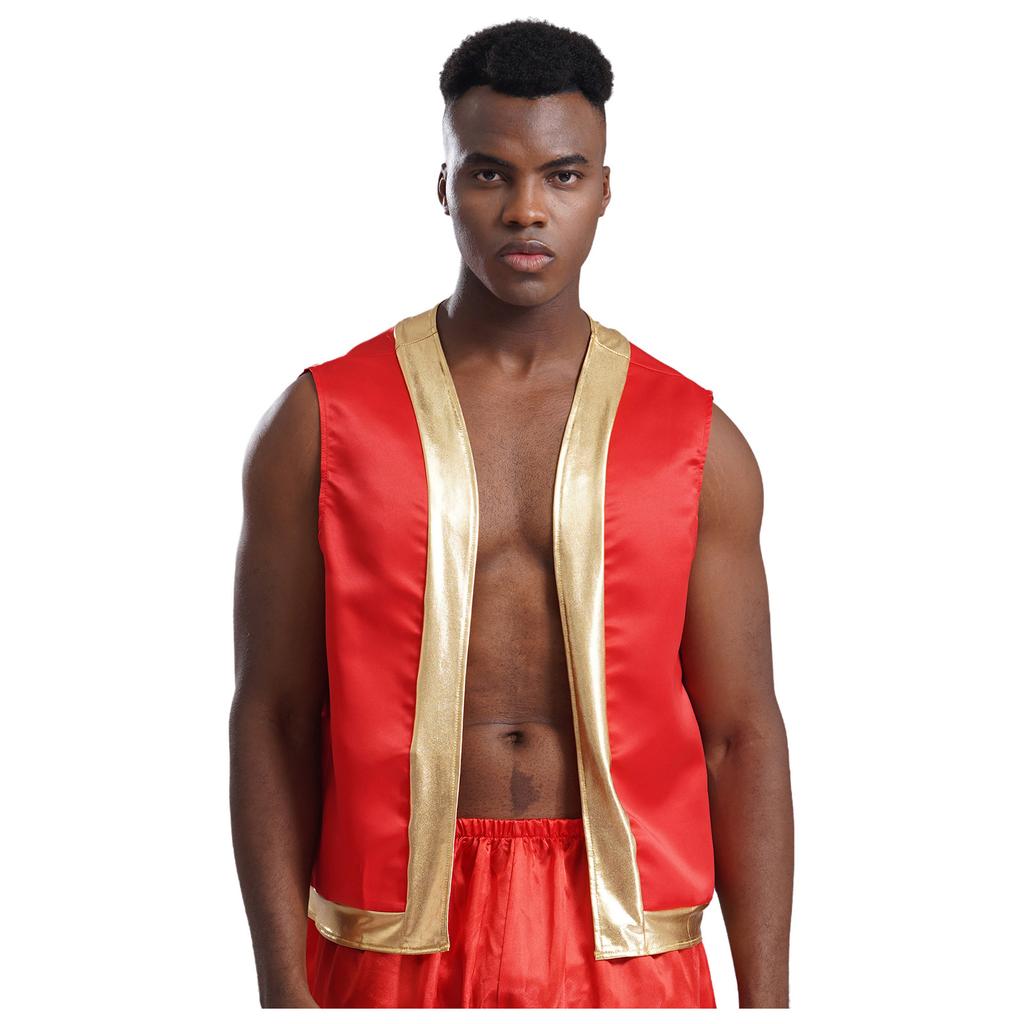 Mens Halloween Toad Vest Costumes Open Front Metallic Shiny Trim Contrast Waistcoat Cartoon Captain Cosplay for Party