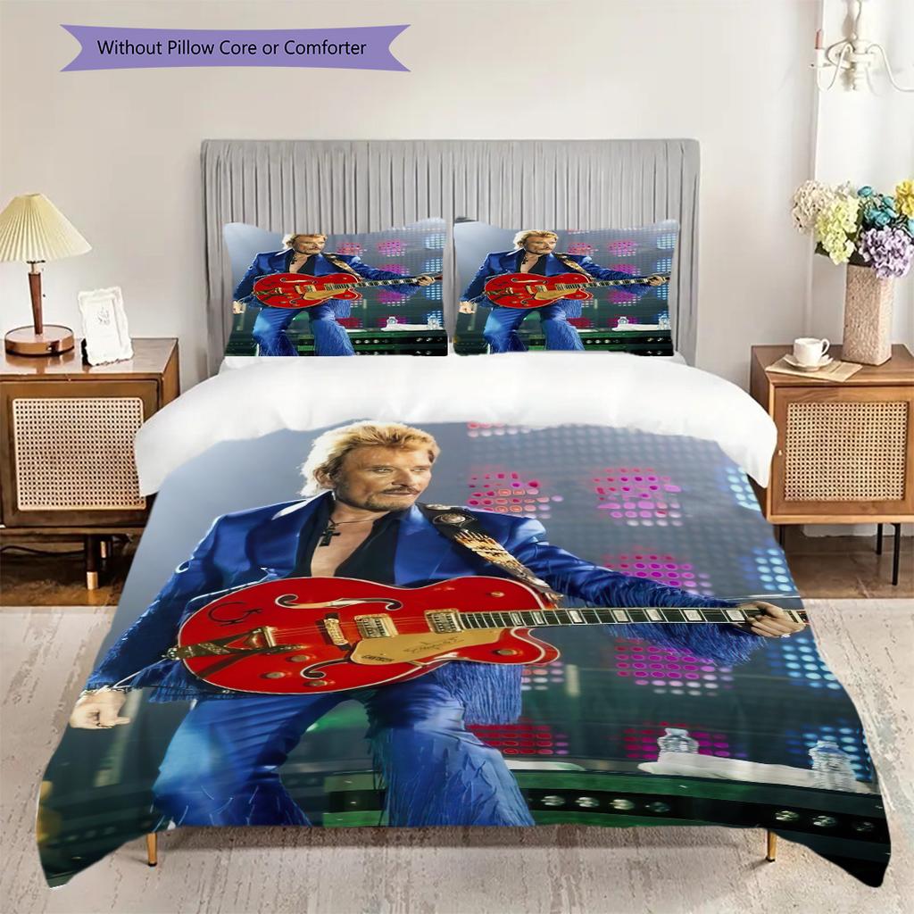 Johnny Hallyday Gitarrenperformance Bettwäsche, Bettbezug, Kissenbezug, Heimdekoration, Geburtstagsgeschenk (1 * Bettbezug+2 * Kissenbezug, ohne Füllung)