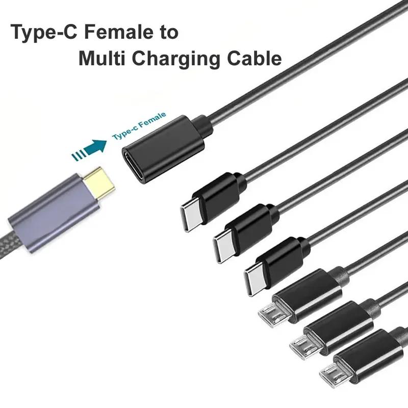 Type C Female to 6 in 1 Multi Charing Cable, Micro USB Splitter Cable 5V 3 in 1 Type C Extension Cord For Phone Tablet and More