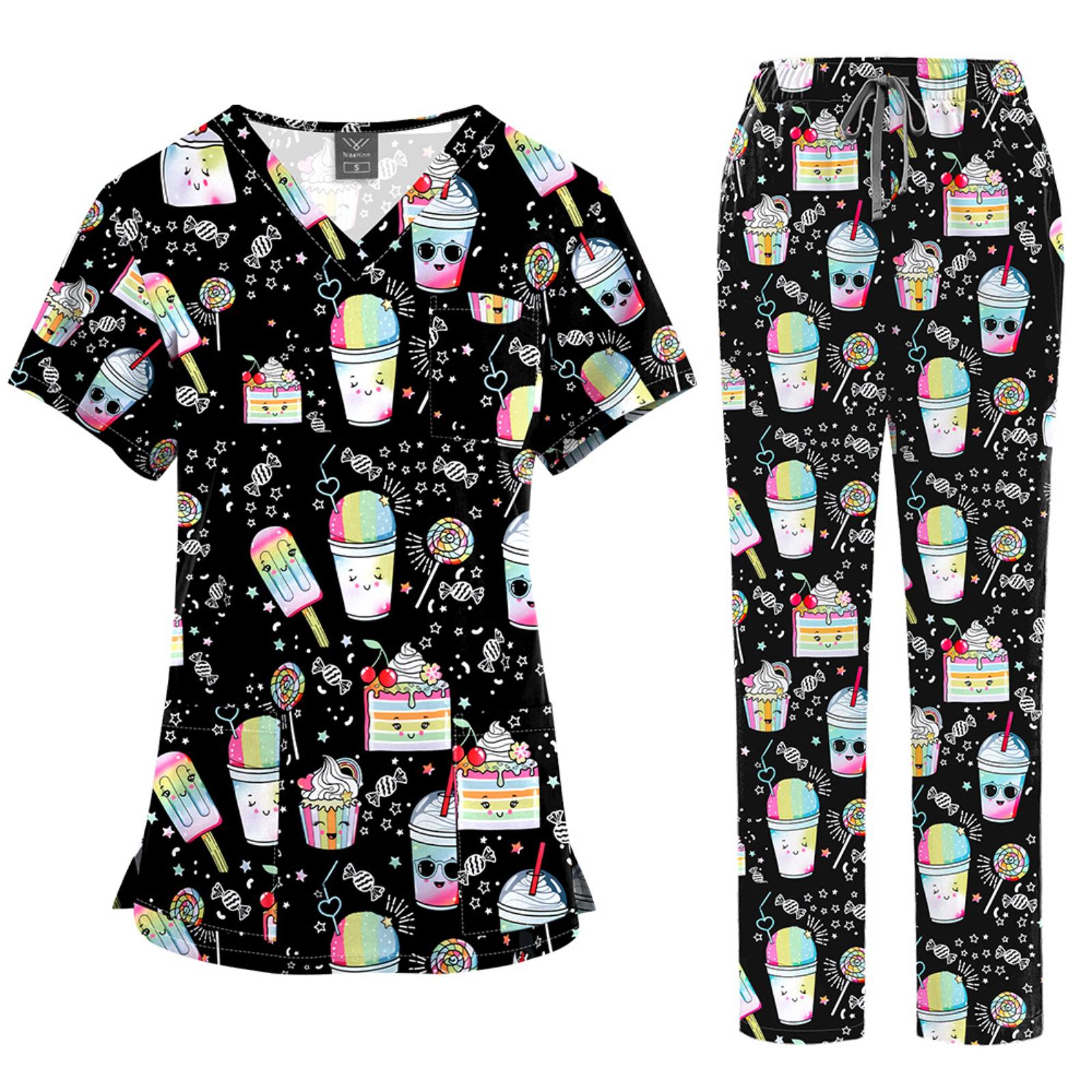 

Женский Рабочий Комплект из Двух Предметов с Мультяшным Принтом, с Короткой Рукавой и Длинными Штанами L чёрный