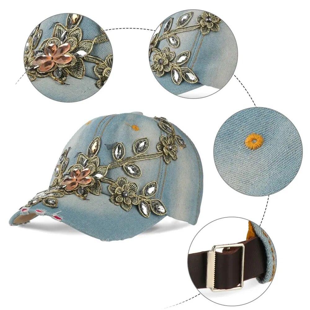 Outdoor Women Hat Rhinestone Flower Sports Baseball Cap Cowboy Sun Hat