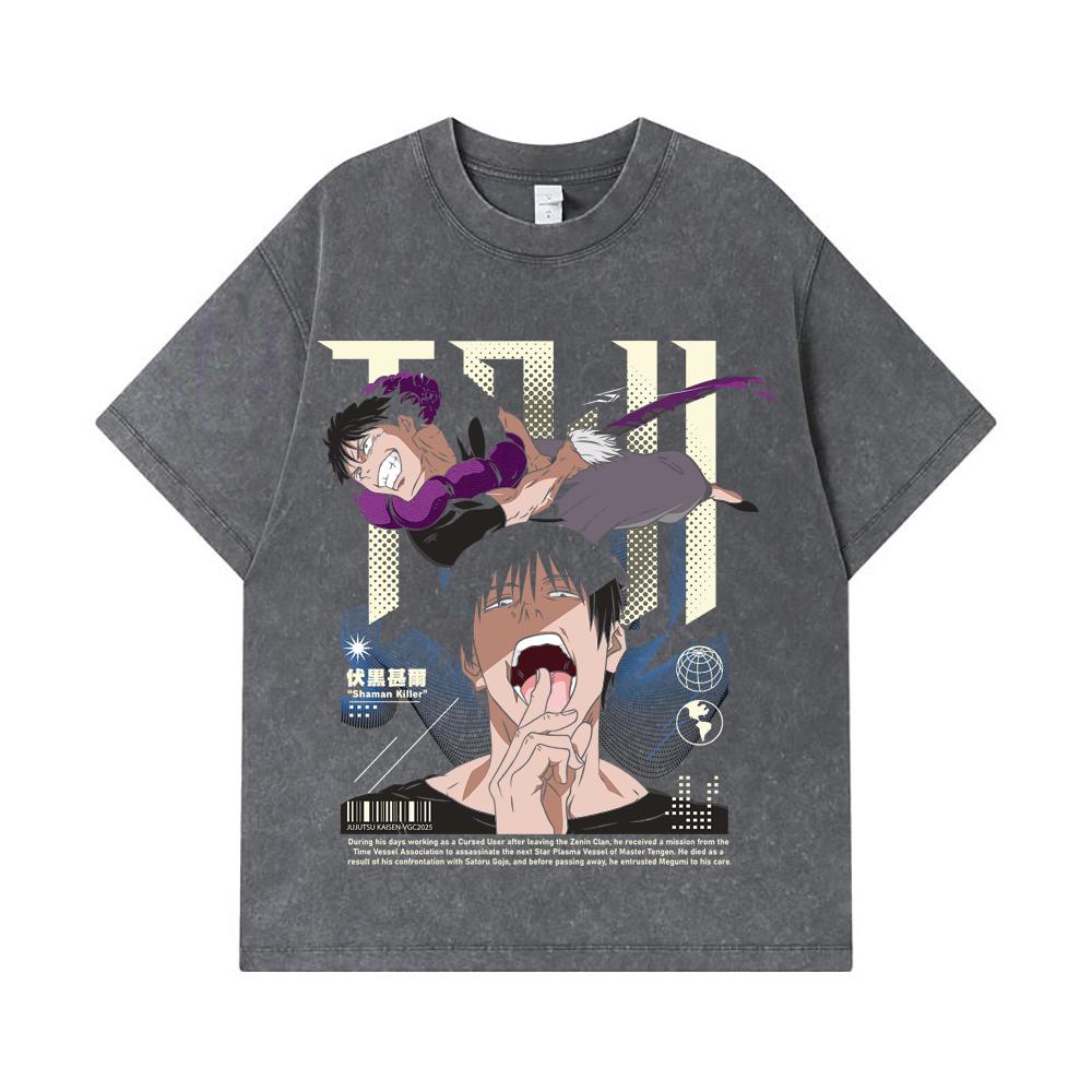 275 GSM Washed T-shirts 100% Cotton Jujutsu Kaisen V47 Toji Print Unisex Heavy Cotton T Shirt