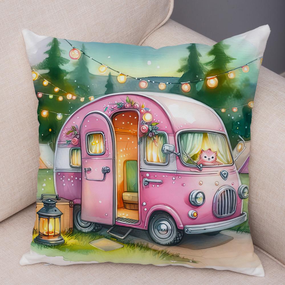 Happy Campers Pillow Case Double Print Decor Cartoon House Travel Car Cushion Cover for Sofa Home Soft Plush Pillowcase
