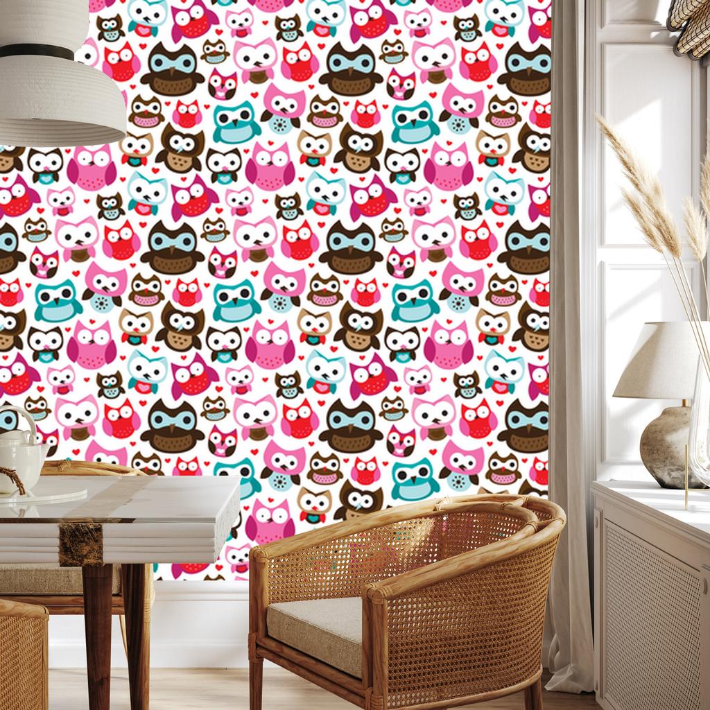 Colorful Owl Hearts Wallpaper for Living Room and Bedroom 50x1000