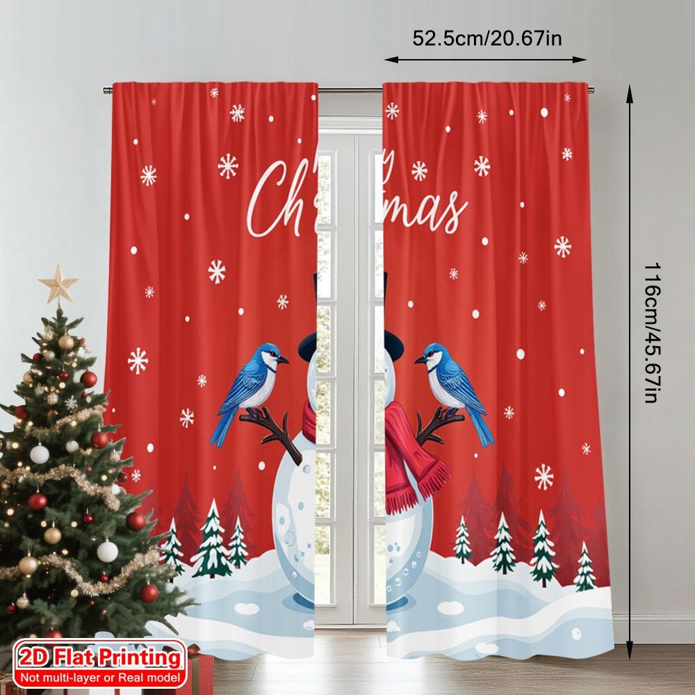 2pcs 2D Flat Printing Merry Christmas Popular Curtains Merry Christmas Snowman Cardinal Bluebird 100% Polyester Fabric Without