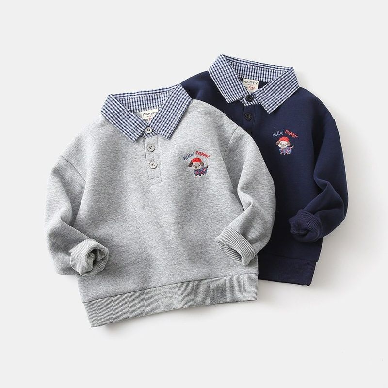 Spring and Autumn Children's Clothing Boys' Long-Sleeved Sweatshirt Children's Fake Two-Piece Pullover Baby Embroidered Puppy Lapel Top