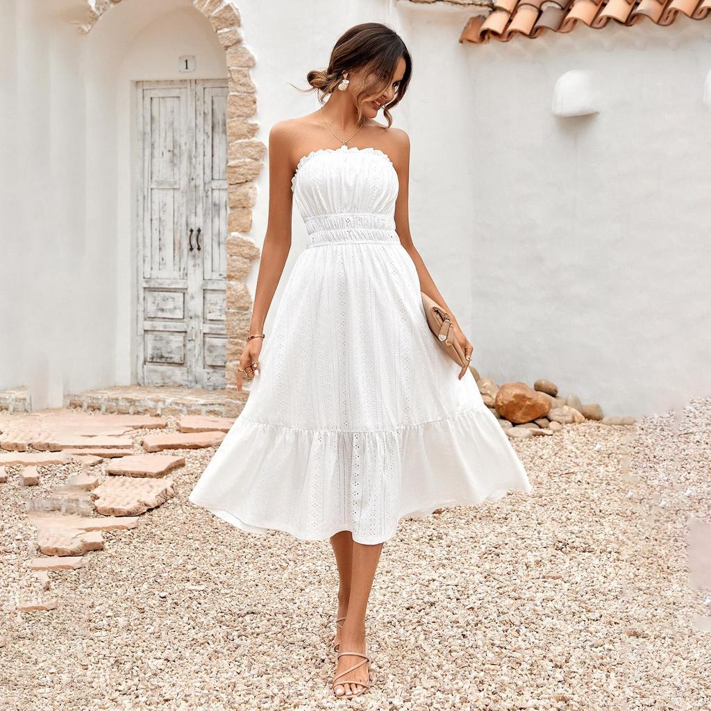 Damen Frühling Einfarbig Ein Kragen Ärmellos Trägerlos Kleid Sommer Lässig A-Linie Hohe Taille Mittel Lange Kleider S-XL