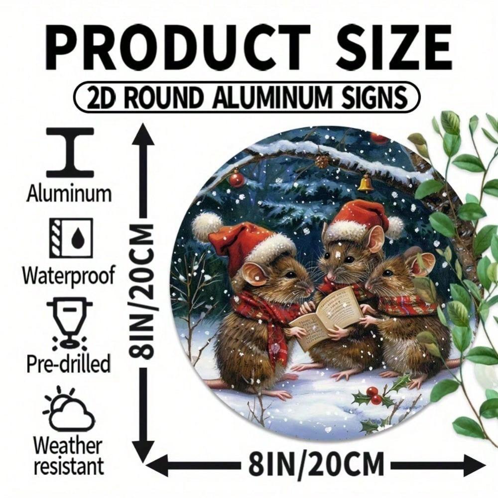 Vintage Christmas Mouse Tin Sign 8 Inch Round Waterproof Metal Plaque Pre Drilled Hole for Wall Hanging Indoor Outdoor Decor