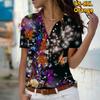 2025 Léto Nová Móda Dámská Květinová Krátký Rukáv Výstřih do V Ležérní Halenka s Knoflíky