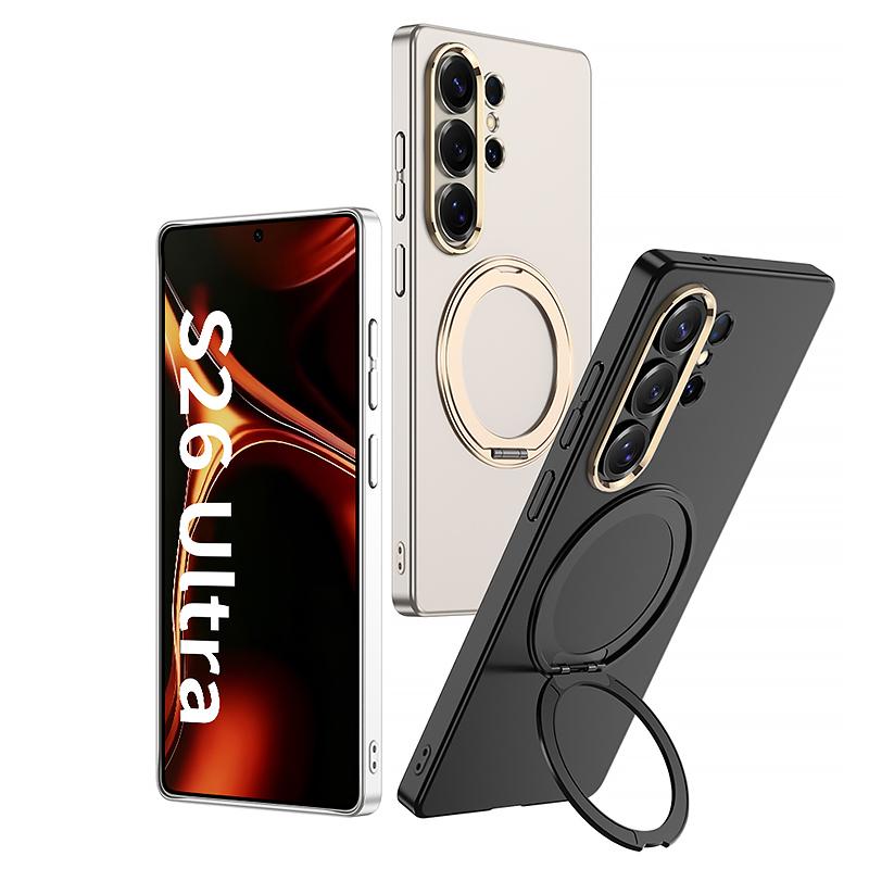 Plating Magnetic Wireless Charging Rotating Holder Phone Case for Samsung Galaxy S26 Ultra Leather Shockproof Protective Cover