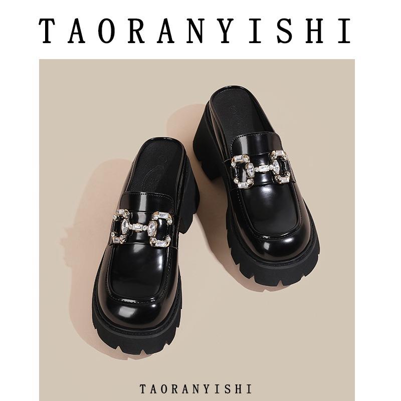 Baotou thick-bottomed sandals female muffin half-drag new spring and summer rhinestone high-heeled thick-heeled lazy woman